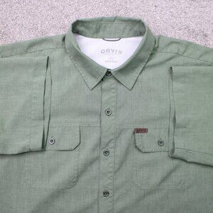Orvis Tech Shirt Mens XL Green Woven Quick Dry Polyester Short Sleeve Button Up
